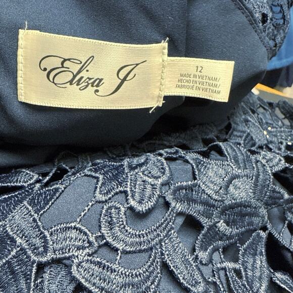 NWT Eliza J Asymmetric Lace Overlay Midi Dress Size 12 Navy Blue Lined Fit Flare - Picture 5 of 9